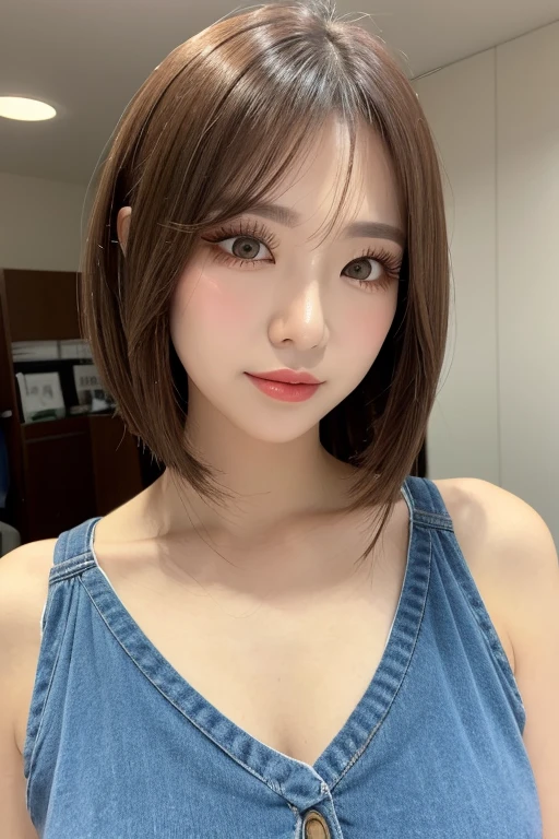 perfect figure beautiful woman:1.4,Layered Hair Style,Protruding cleavage:1.2,offcial dress:1.5,Highly Detailed Face and Skin Textur,Narrow eyes,二重まぶた,Whitens the skin,short detailed hair,full bodyesbian