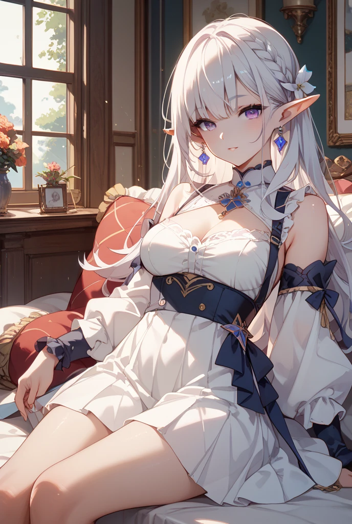 ((Put your hands on your chest)), ((surprised)), (blush), 1girl, Elf, Silver hair, Red eyes, Braided hair, Bob cut, Fantasy style costume, Wizard, Ruffles, Robe, Long skirt, Tights, Black cloak, On bed, Modern room, Rubbing your own breasts, Concept art, Beautiful anime scene, Beautiful anime scenery, Best quality, ((Masterpiece))