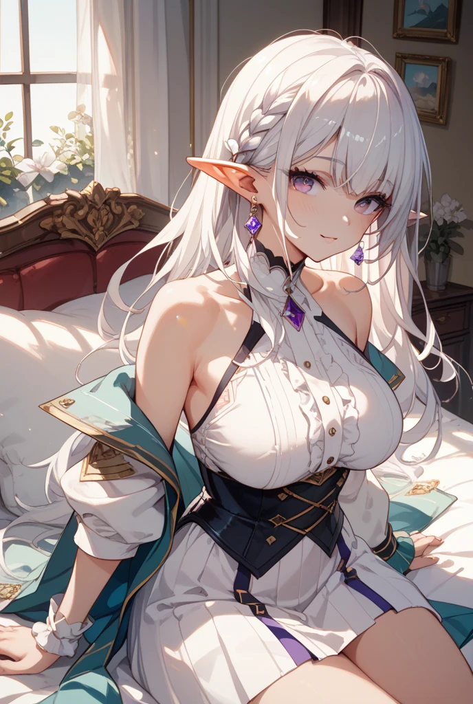 (Tabletop:1.5), Highly detailed CG Unity 8k wallpaper,(Realistic,Photorealistic,超Realisticな:1.5),(curve,model,Glamour:1.5),Beautiful chest,color_aberration,Beautiful detailed shadows,Beautiful Eyes,Beautiful body,Beautiful Skin,Beautiful Hands,(big chest:1.5),(big_chest:1.5),Captivating smile, Broke up_lips,(White bed,White luxury bedroom,White sheets:1.4),(White ribbon on head:1.3),(Long Hair, ponytail:1.5),Attractive thighs,Shapely thighs,緑colorの目,
Anime girl in green dress sitting on bed, Elf Girl, Enchanting anime girl,  In a dress, alluring Elf Princess knight, Cute anime waifu in a nice dress, Elf Princess, Beautiful and attractive anime woman, 2. 5d cgi anime fantasy artwork, Elf Queen, Highly detailed ArtGerm, Detailed digital anime art,