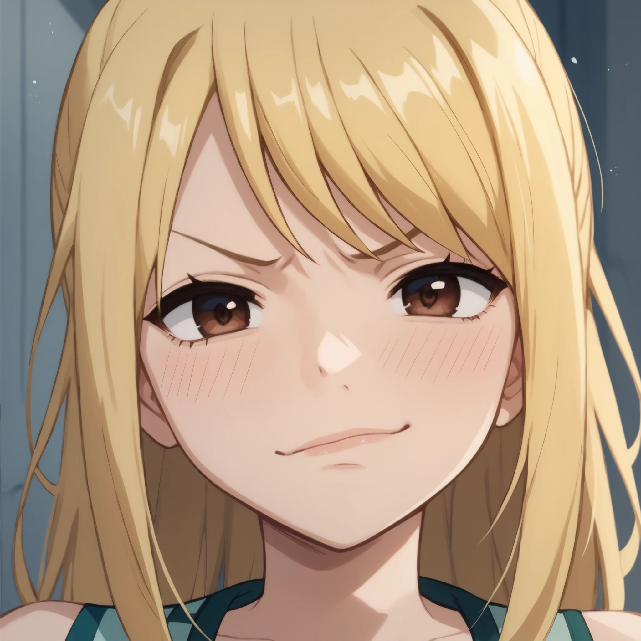 smug expression, Close up shot, lucy heartfilia, long hair, blonde hair, brown eyes, looking at viewer, embarrassed,