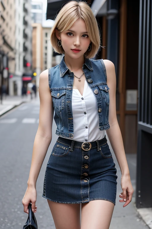 highest quality, High resolution, AND18, 1 girl, Android 18, alone, Blonde, blue eyes, short hair, Laughter,Earrings, jewelry, Denim dress, Open Vest, White T-shirt,Distressed jeans,Wearing sunglasses,Small breasts, Pose with buttocks sticking out and turning around,street, (External expansion chest: 1.2),The best smile:1.5