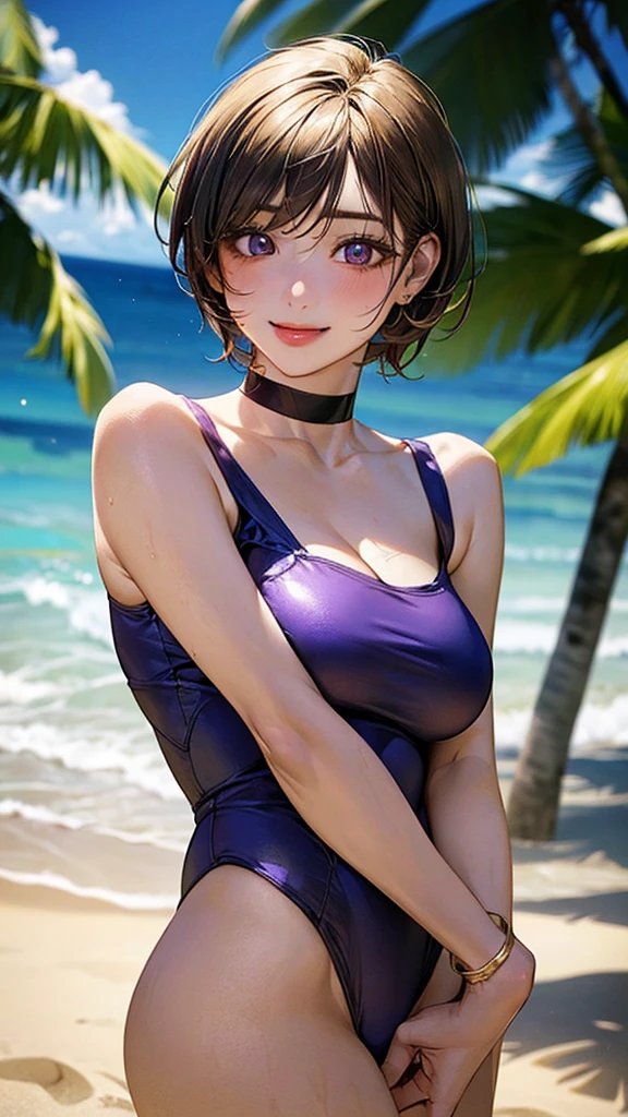 (masterpiece:1.2, Highest quality), (Realistic, photoRealistic:1.4), Beautiful illustrations, (Natural Side Lighting, Cinema Lighting),
View your viewers, Cowboy Shot, 1 girl, Japanese, Idol Sculpture, high school girl, Perfect Face, Cute and symmetrical face, Sunburn, Glowing Skin, thin,
(short hair:1.2, Pixie Cut:1.2, Blonde), Parted bangs, Golden Eyes, Long eyelashes, (Large Breasts:0.6),
Beautiful Hair, Beautiful Face, Beautiful attention to detail, Beautiful clavicle, Beautiful body, Beautiful breasts, Beautiful thighs, Beautiful feet, Beautiful fingers,
((Purple Swimsuit), Black choker, Wrist Chakra),
(Beautiful views), Tropical beach, Raise the hand, (Cute smile, Upward glance),