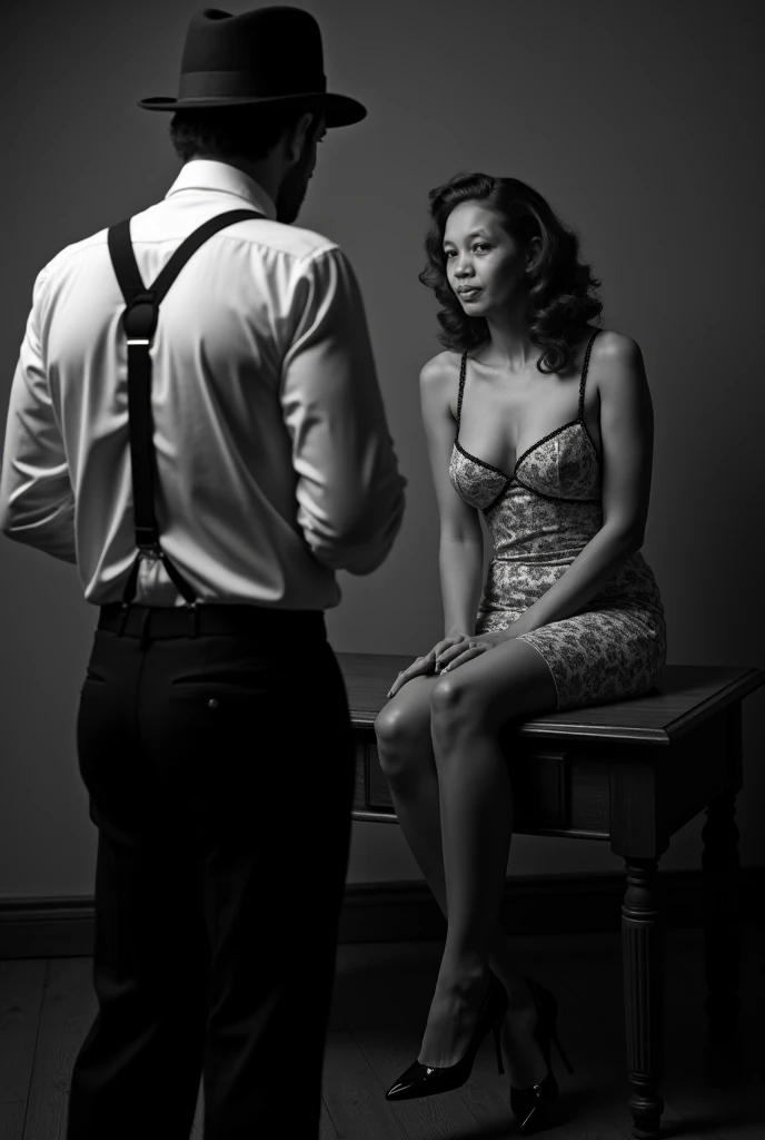 An Athletic hunk man with very short hair, vintage lingerie, very high stiletto heels with pointy toes, earrings, bra ,nylons and makeup,