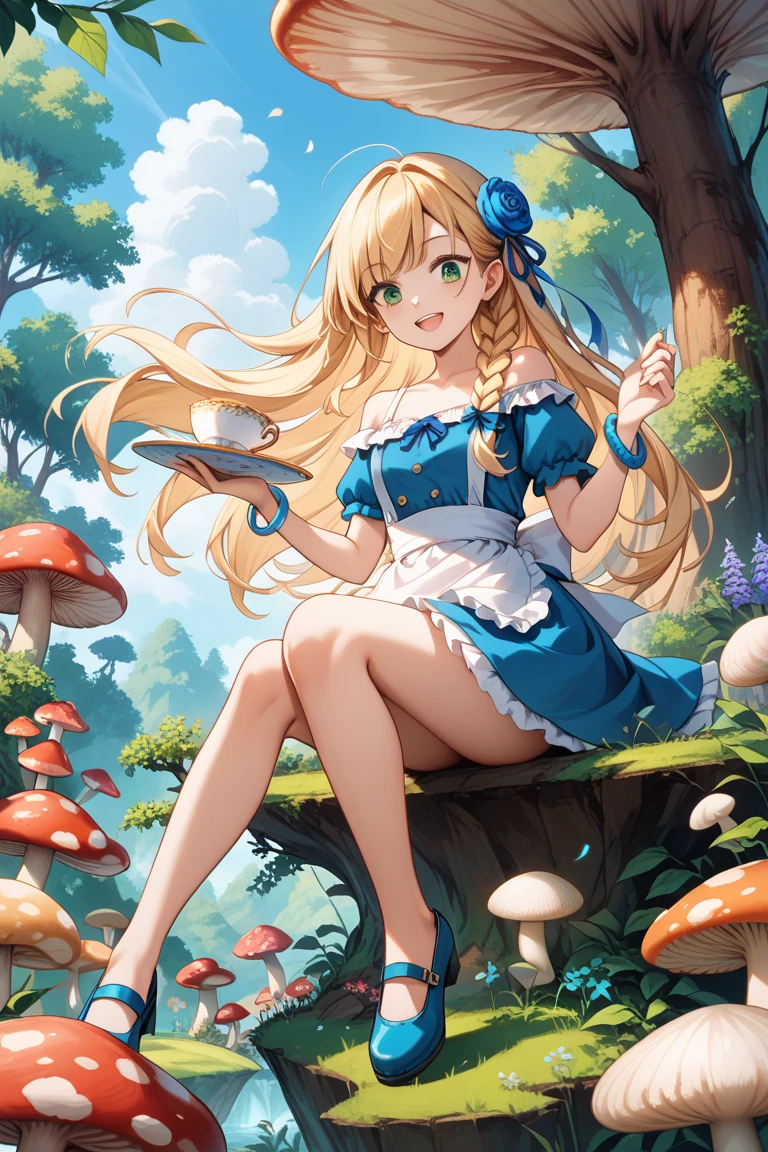a beautiful 20 year old blonde woman with big messy hair in a short blue dress, white stockings, a thin black hairband, cleavage, holding a glowing mushroom, sitting on a giant glowing mushroom, s, fantasy art style, cartoon vibrant, cute detailed digital art, colorful digital fantasy art, digital fantasy art ), glossy digital painting, pastel vibrant