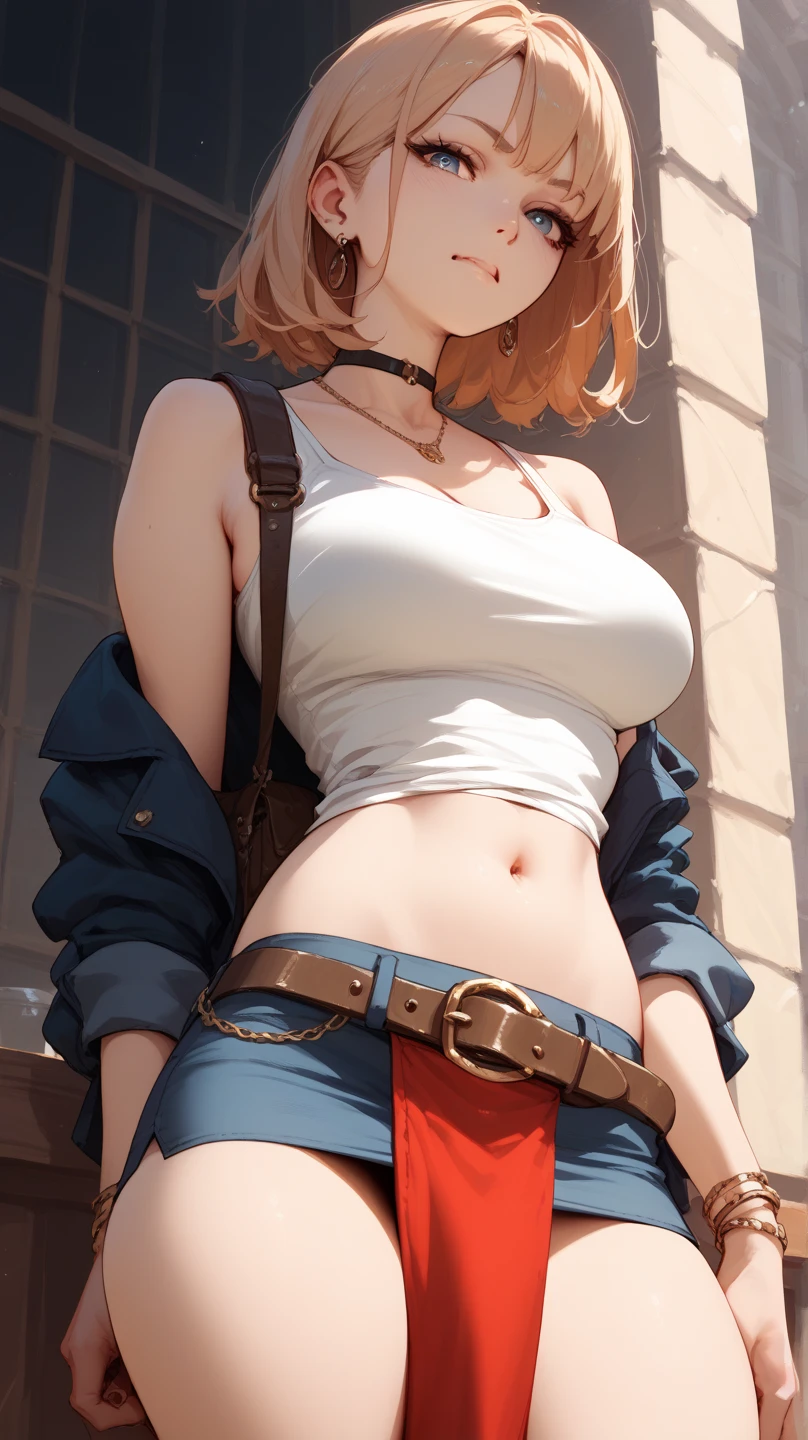 (Masterpiece, Best Quality, High Quality),(NSFW:1.3),Nishikino maki, Red hair, purple eyes, cowboy shot,low waisted pants, tight ,(sweater crop top), (sexy stomach), detailed belly, midriff, big breasts,looking at viewer, earrings,in street