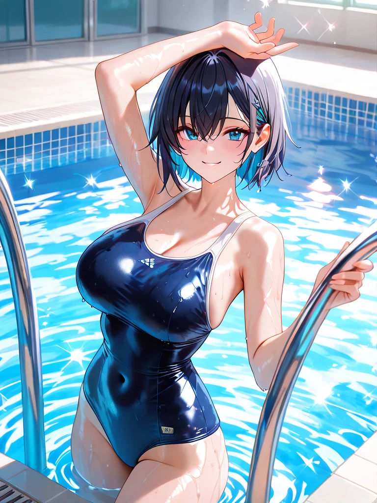 extremely detailed CG, super detailed skin, perfect anatomy, dynamic lighting, beautiful detailed eyes, Top quality、Realistic、woman、milf 、Beautiful Eyes、Symmetrical eyes、A big smile、one eye closed, right eye closed, (Big breasts bigger than face:1.2)、Short Hair、Black Hair、Iris、 (blue one-piece swimsuit:1.6), (gleaming skin:1.4)、Standing with legs apart、cityscape