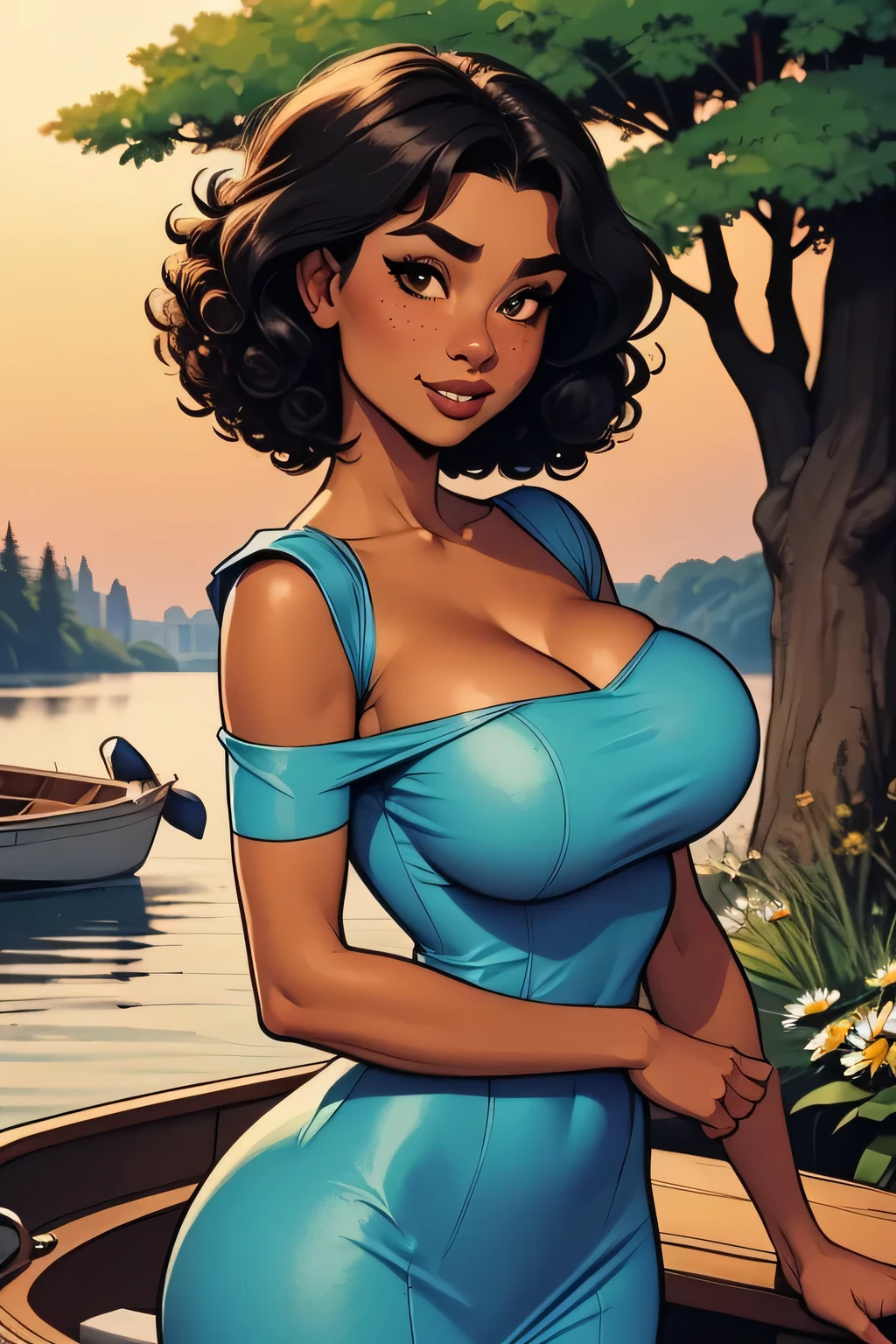 ( Absurdo, hd , Ultra detailed, be careful with your hand ) Close-up view of a thin and athletic woman, 25 anos, 8k (( high definition )), Beautiful Smile, look seductive, brown eyes, wearing a lilac high-waisted long dress (( with boat neckline, short sleeves )), thin waist, arms at the sides of the body, ebony skin , black hair (( short and curly )), she is hiking through the forest (( upper body )), with freckles on the neck and breasts , (( big breasts, with a daisy between them and round, suaves )), (( Well defined collarbone)). Marvel style (( hq )), dense forest and sunset in the background.