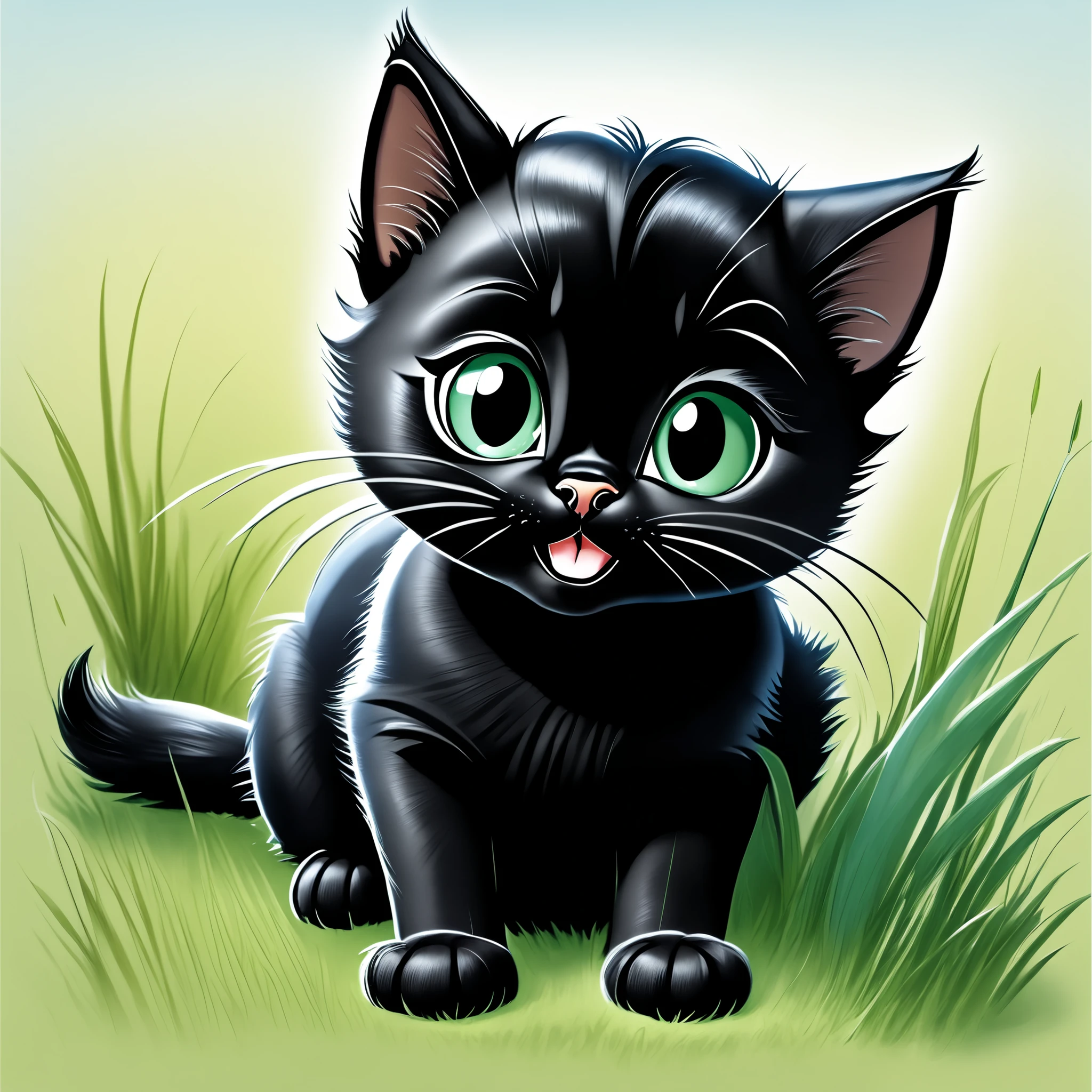 drawing, storybook, a little black cat nibbling on a blade of grass