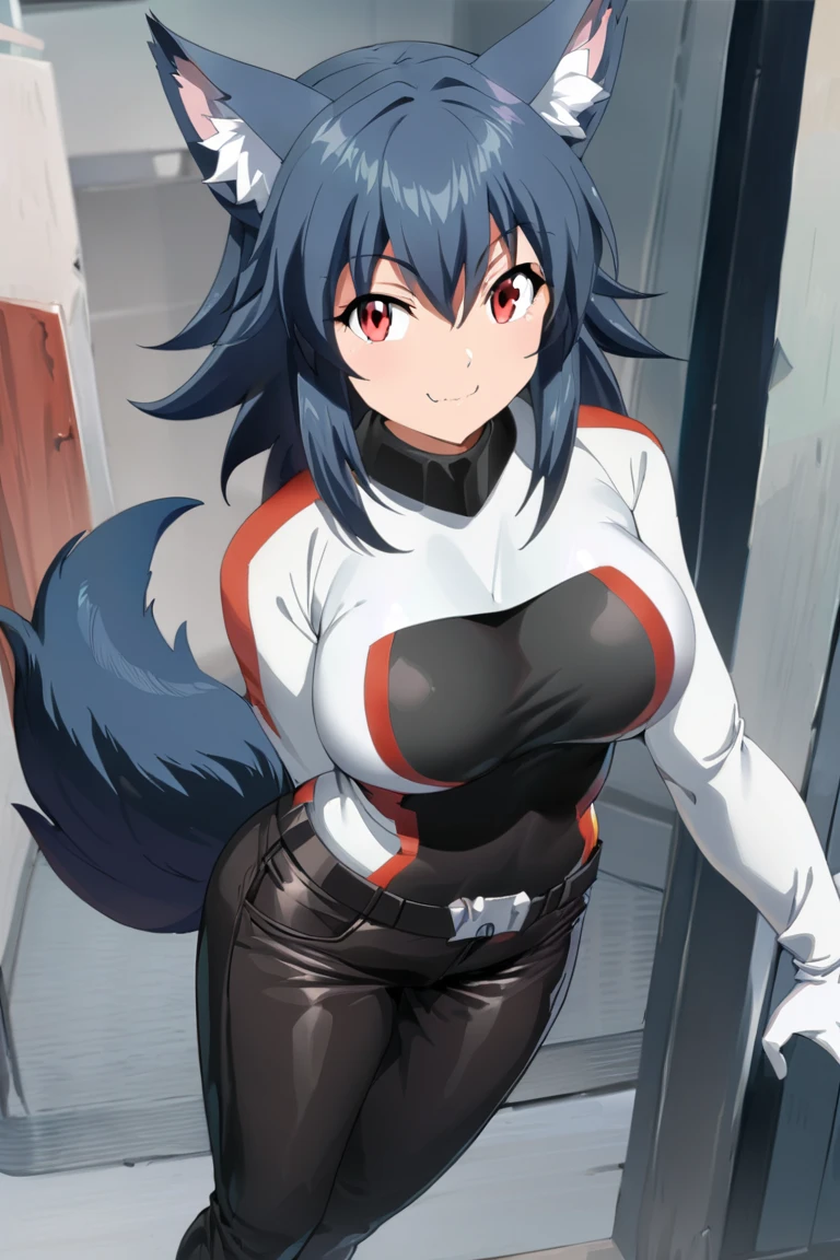 a beautiful detailed black kitsune girl, long black kitsune ears, multiple black kitsune tails, red and black zero suit, 8k, anime style, red eyes, big breasts, extremely detailed eyes and face, ultra-detailed, 4k, high quality, vibrant colors, long black hair, mature woman, wide waist