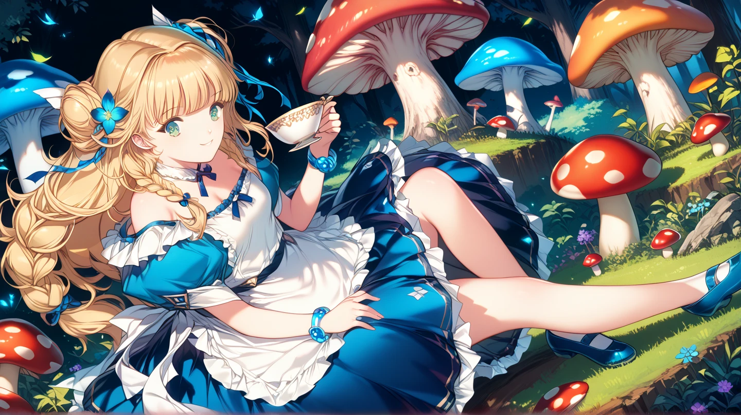 a beautiful 20 year old blonde woman with big messy hair in a short blue dress, white stockings, a thin black hairband, cleavage, holding a glowing mushroom, sitting on a giant glowing mushroom, side shot, side boob, fantasy art style, cartoon vibrant, cute detailed digital art, colorful digital fantasy art, digital fantasy art ), glossy digital painting, pastel vibrant