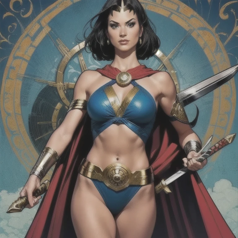 (masterpiece, top quality, best quality, official art, beautiful and aesthetic:1.2), (1girl:1.3), dark brown hair in a huge ponytail, extremely detailed, portrait, looking at viewer, solo, (full body:0.6), detailed background, close up, (warm summer Mediterranean theme:1.1), Athena, charlatan, mysterious, walking in forest, green laurel crown, revealing robes and armor, white Greek robes, goddess, white toga, robe, spear and shield, metal, light brown leather, cloak, bracers, armor, gauntlets, sandals, buckles, straps, see-through white fabric, ((((gigantic breasts, cleavage, skindentation)))), slim waist, slim hips, long legs, ancient (Parthenon exterior:1.1) background, dark mysterious lighting, shadows, magical atmosphere, dutch angle,