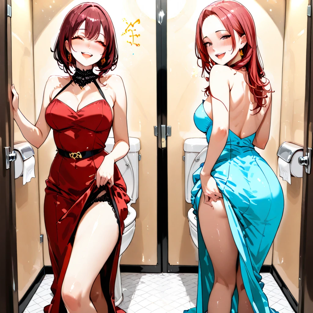 (16K), (2heads:1.5), 1girl, two headed woman, smiling, highres, masterpiece, ((red hair)), ((blue hair)), ((different hair color)), cleavage, ((golden yellow dress:1.5)), lustrous and smooth skin, (mature woman), (yellow eyes), ((queen dress)), seductive silhouette, ((slim hips)), (one-sided strapless beige top), (beige skirt), blouse, looking sexy, beautiful, tight, tight dress, long hair