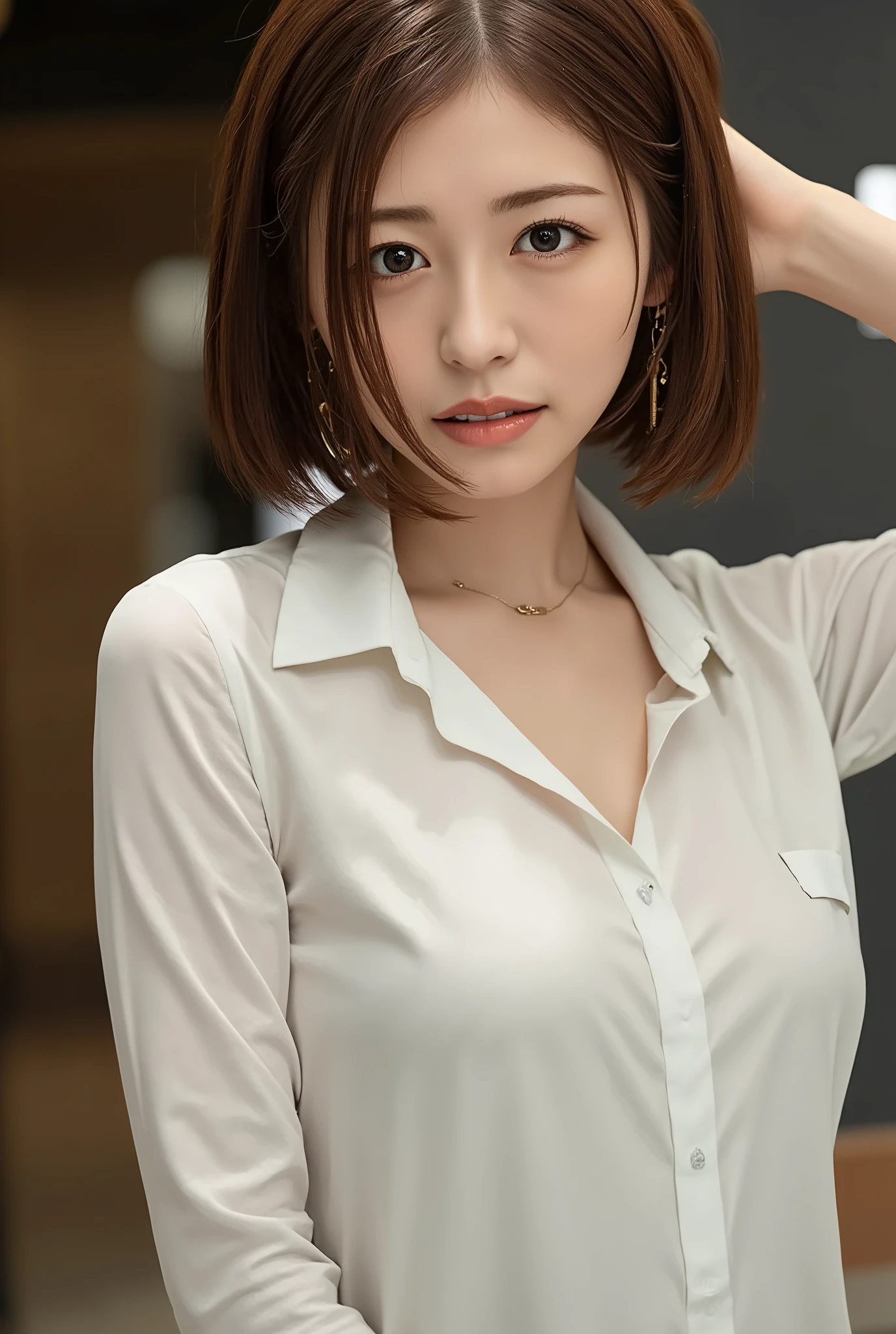 ((Best quality, 8k, Masterpiece :1.3)), Sharp focus :1.2, A pretty woman with perfect figure :1.4, Slender abs :1.2, ((Dark brown hair, Big breasts :1.2)), (White button up long shirt :1.1), City street:1.2, Highly detailed face and skin texture, Detailed eyes, Double eyelid