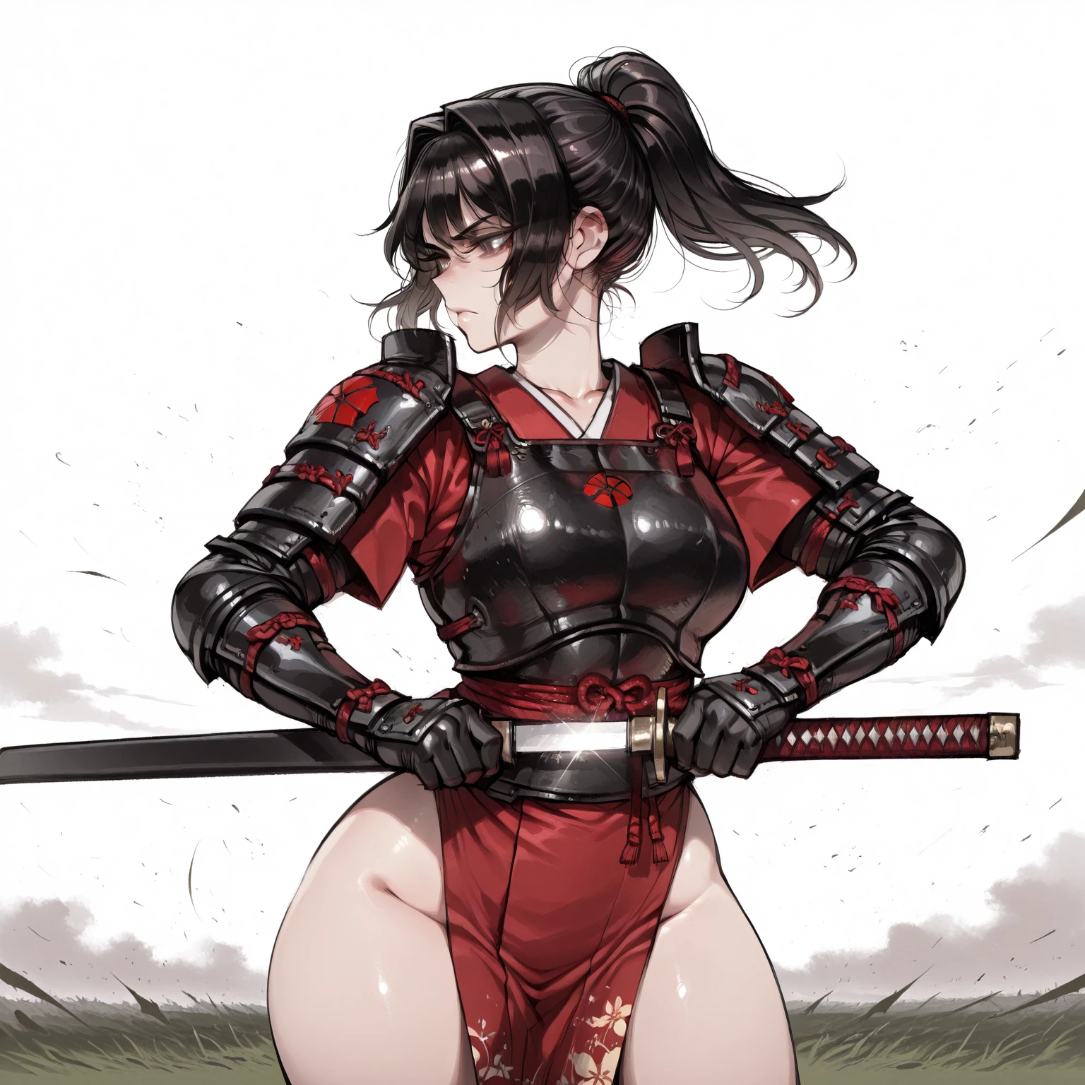 (high resolution, pixel perfect, gorgeous illustrations), (hyper quality, muste piece, etheric: 1.4), ((nsfw)), (((1girl,kneeling))), (((1boys))), (((from side))), (((((????????))))), (((??? in mouth))), tattoo, mature woman, cool atmosphere, black hair, (((blush))), (((((((muscular))))))), ((thick thighs)), (((wide hips))), ((Big breasts that are about to burst)), fighter, (((woman))), ((((leotard armor)))), ???? woman, (shiny skin), sweat, simple background,