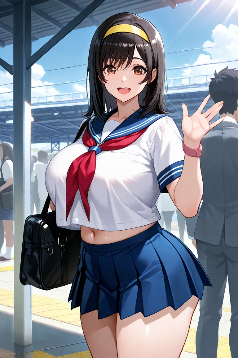 Erotic Anime Illustration、best image quality、Plump high school girl commuting to school by bus、reimu hakurei、perfectly proportioned skirt、Overwhelming big breasts that go beyond common sense、thick legs with fat、cowboy shot、ecstatic expression