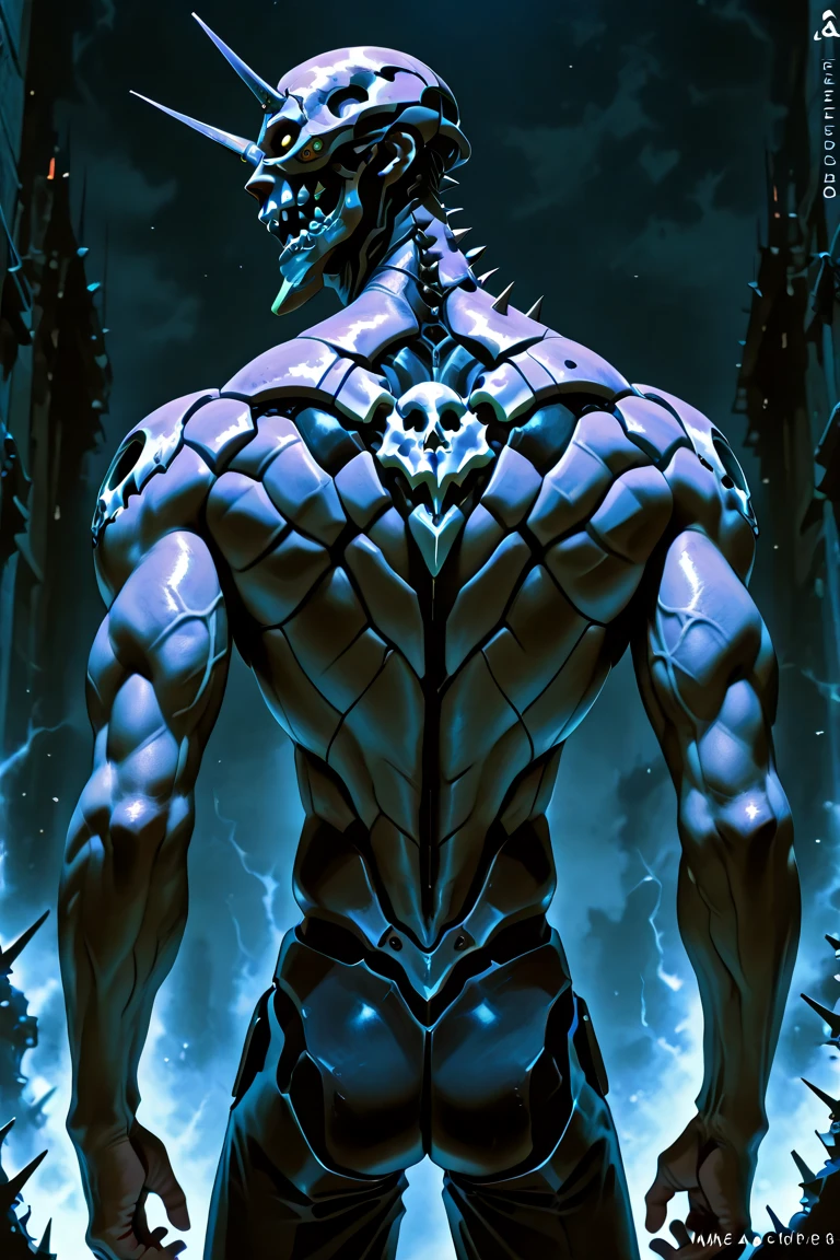 man of slime, muscles, glowing skin purple, glowing eyes, anger, chains, night, background, lava, lightning, clouds, cowboy angle, dreamy glow