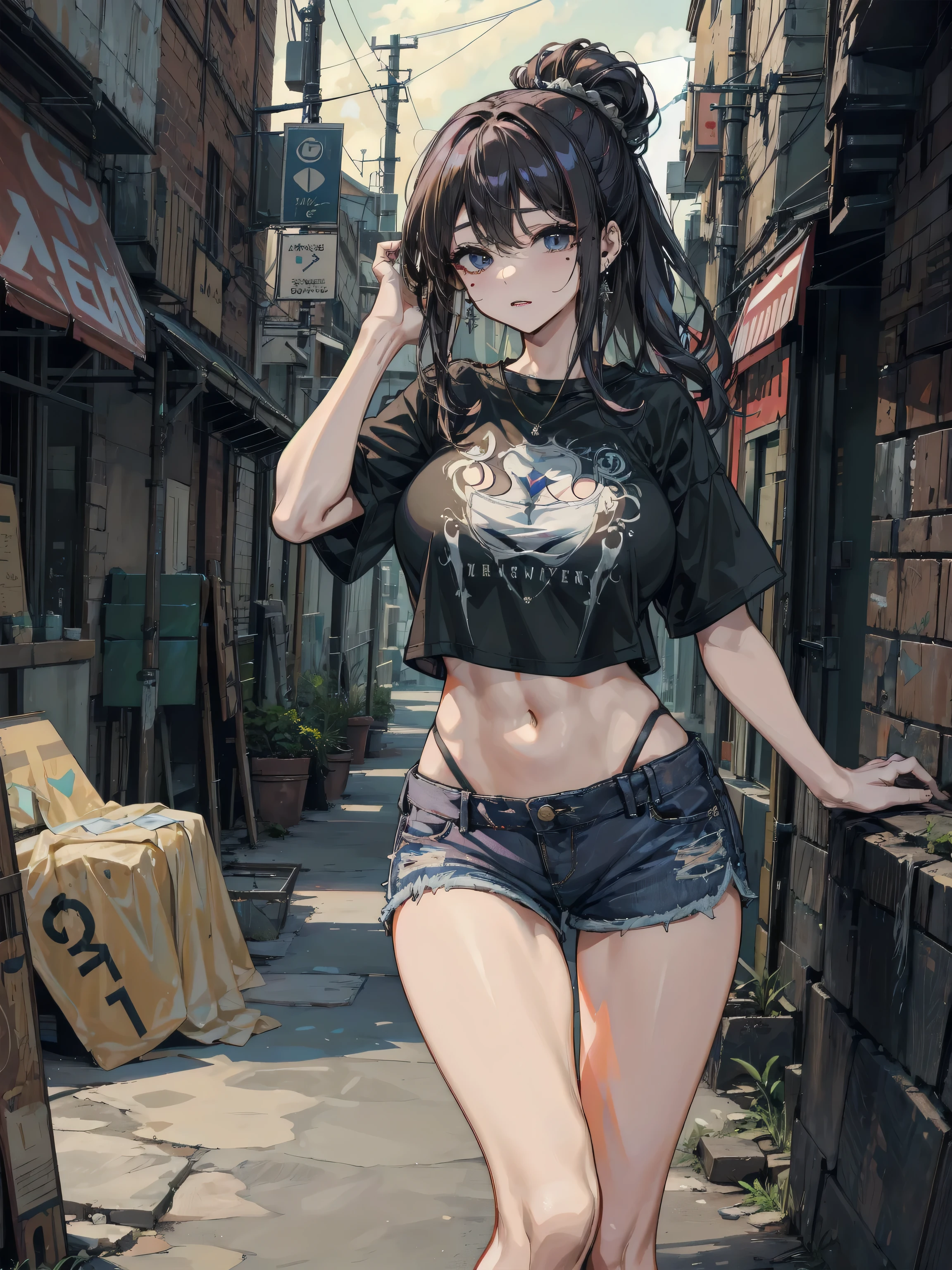 (masterpiece, best quality:1.2), 1 girl, alone , sexy , blue jaket , cutoff-jeans , (cowboy shot) , black hair , white top