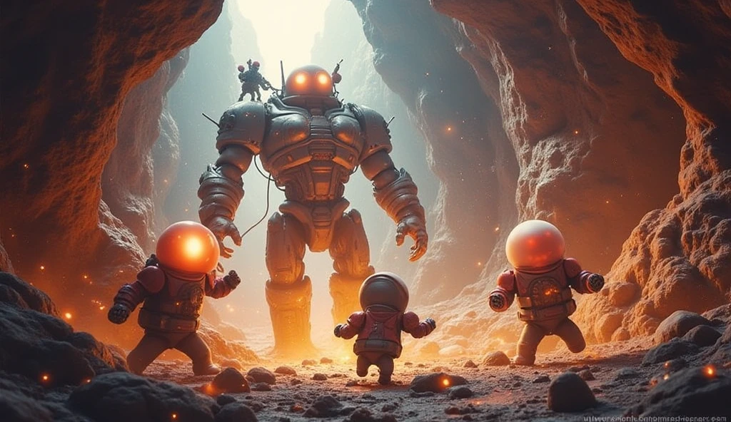 3D characters, perfect spherical shining ball robots, a fantastic game world, an adventure to save a broken world that has lost its former beauty, a competition between giant golems and robots, a cavern where the sound of the earth groaning underground reverberates in the background, small weapons and items used by the robots, expressive and energetic magic and skills, hyper-reality 8K, ultra-high resolution, realistic depictions.
