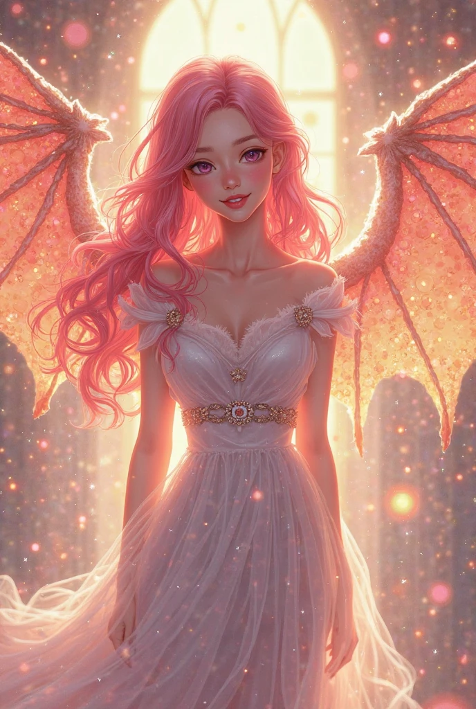 (masterpiece), (realistic), (highest quality), (super detailed), wonderful, ((Love Fairy, red eyes, Lace Wings, Intricate fairytale costumes , Shoes with hearts, very long white hair with pink strands,, colorful hair, Dreamy smile)))), cinematic light, Unusual angles and poses,)),