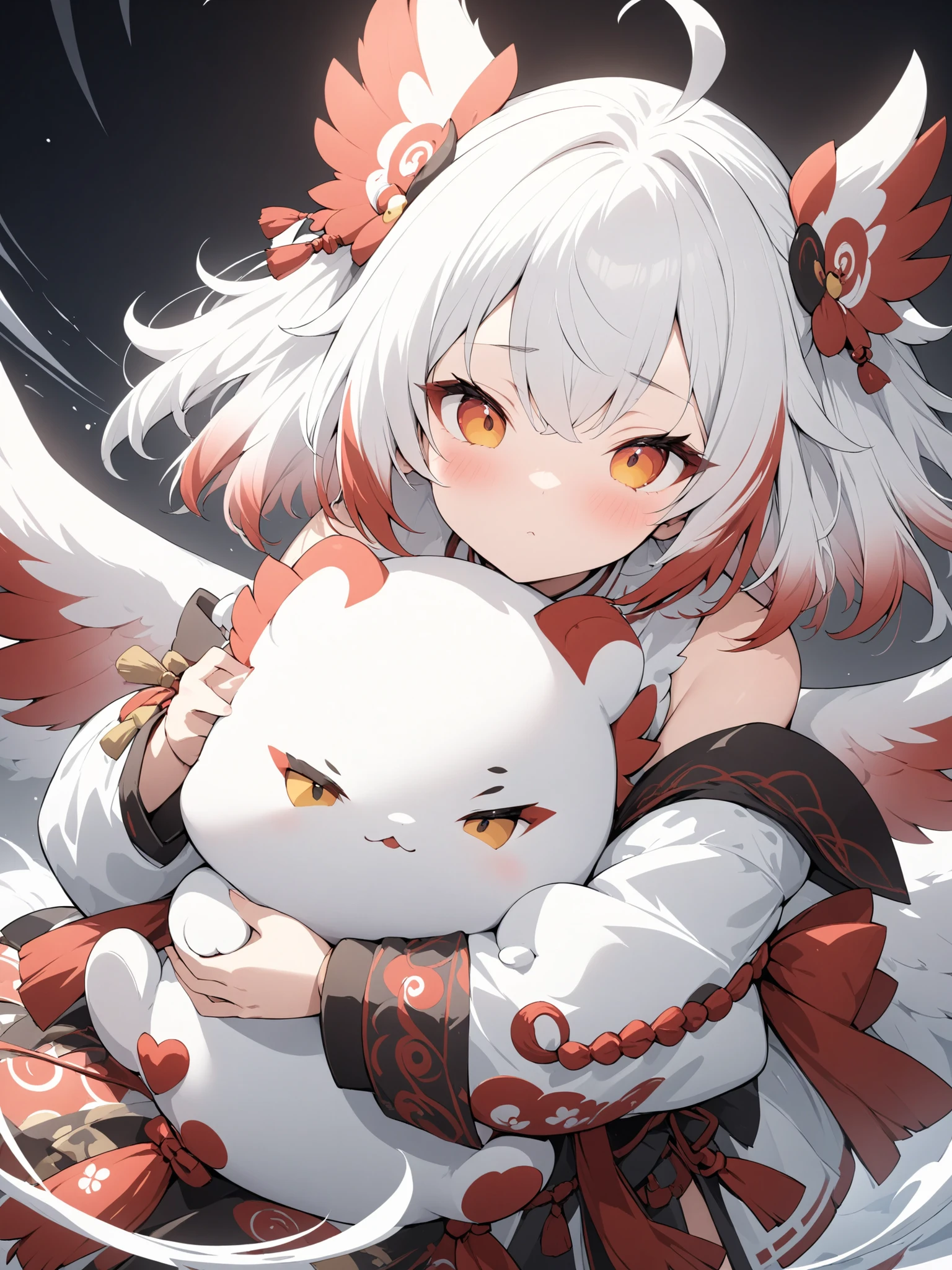 Tengu_girl、(masterpiece:1.2),high quality of wavy lines、very breathtaking、beautiful details、best image quality、((Three-dimensional works))、(´・ω・`),Hug a white plush character
