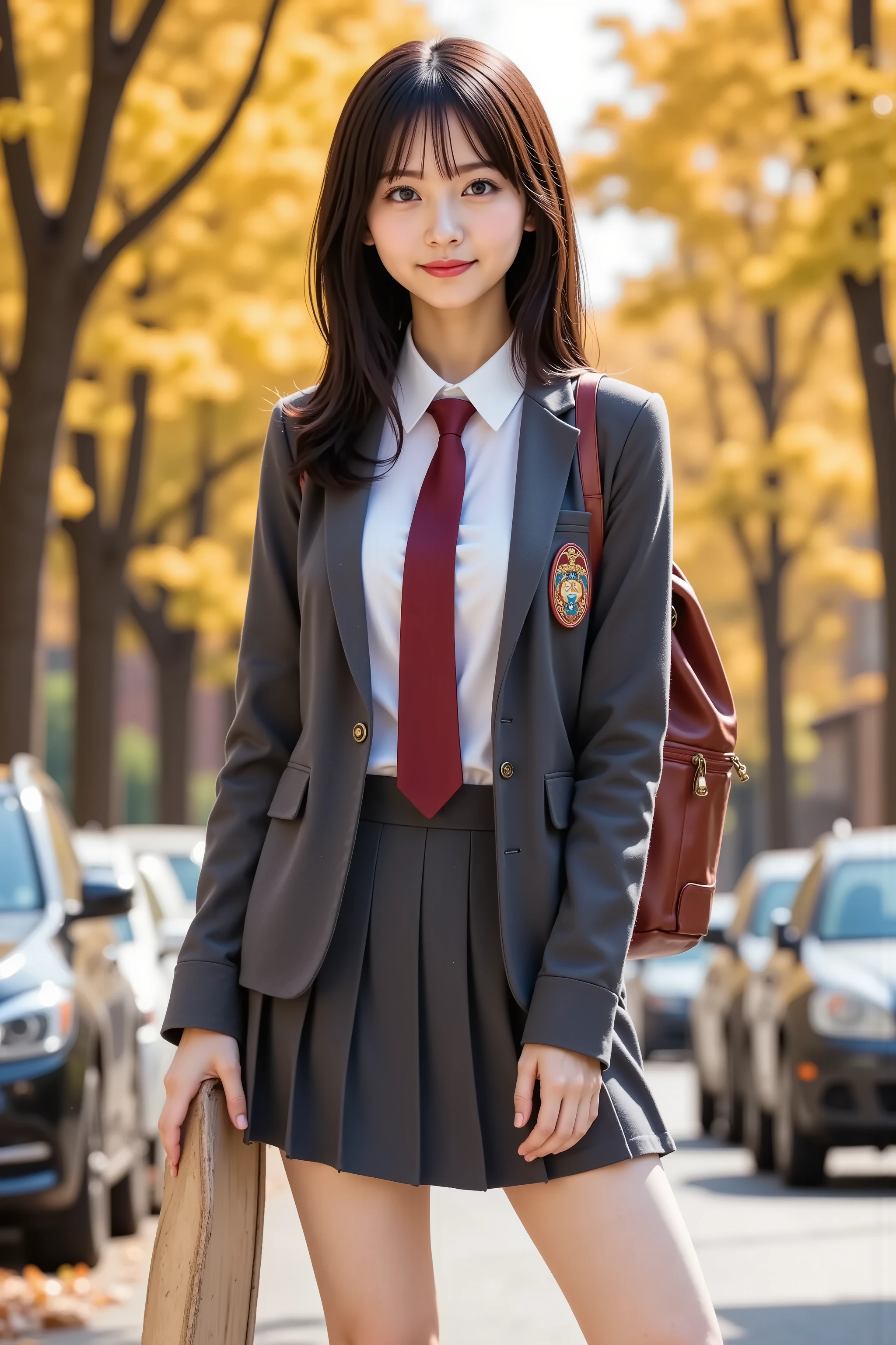 firm breast, by adjusting the framing so the subject's full head is visible within the composition, a highly detailed and realistic digital illustration of a female character in a stylized military-inspired fantasy outfit, realistic upper‑body portrait photograph framed just below the shoulders so the head stays fully inside the frame with slight headroom, subject centered on a quiet autumn avenue. Describe garments, accessories, lighting, and environment only; no mention of hair, hairstyle, anime, cartoon, or the cat. Background: rows of tall ginkgos glowing amber, soft afternoon sun scattering blurred bokeh columns, parked cars lining asphalt. Uniform: charcoal‑gray school blazer, slim cut, peak lapels, two brass buttons fastened, welt chest pocket, flat hip flaps, fine top‑stitch. Underneath: crisp white Oxford shirt, collar points sharp, cuffs peeking one centimetre. Crimson necktie double‑knotted with neat dimple. Matching charcoal box‑pleated skirt, hem mid‑thigh, press lines crisp. Accessory: compact crimson leather daypack high on back, matte nickel buckles, front zipper flush, grain catching light. Prop: right hand grips nose of upright maple longboard; varnished deck with vintage hibiscus decal, polished trucks, sea‑foam wheels. Left hand relaxed at side. Pavement scattered with fallen ginkgo leaves, curbs moist, tiny copper reflections. Lighting: low sun camera left, soft rim on blazer and backpack, balanced sky fill maintaining detail in dark fabric. Camera: 85 mm prime, f2.0, ISO100, 1/500 s, vertical 2:3, RAW, gentle grade, no smoothing. Palette: cool charcoal and white offset by gold foliage and bold crimson. Goal: blend formal uniform with skate casual amid tranquil city corridor. Sun picking the sleeve curve gives blazer twill a soft sheen; skirt pleats draw gentle shadows. Daypack leather shows light crease at zipper. Maple deck grain and edge lacquer sparkle briefly. Leaves curl, sienna undersides flicking in breeze. Cool air, muted city hum