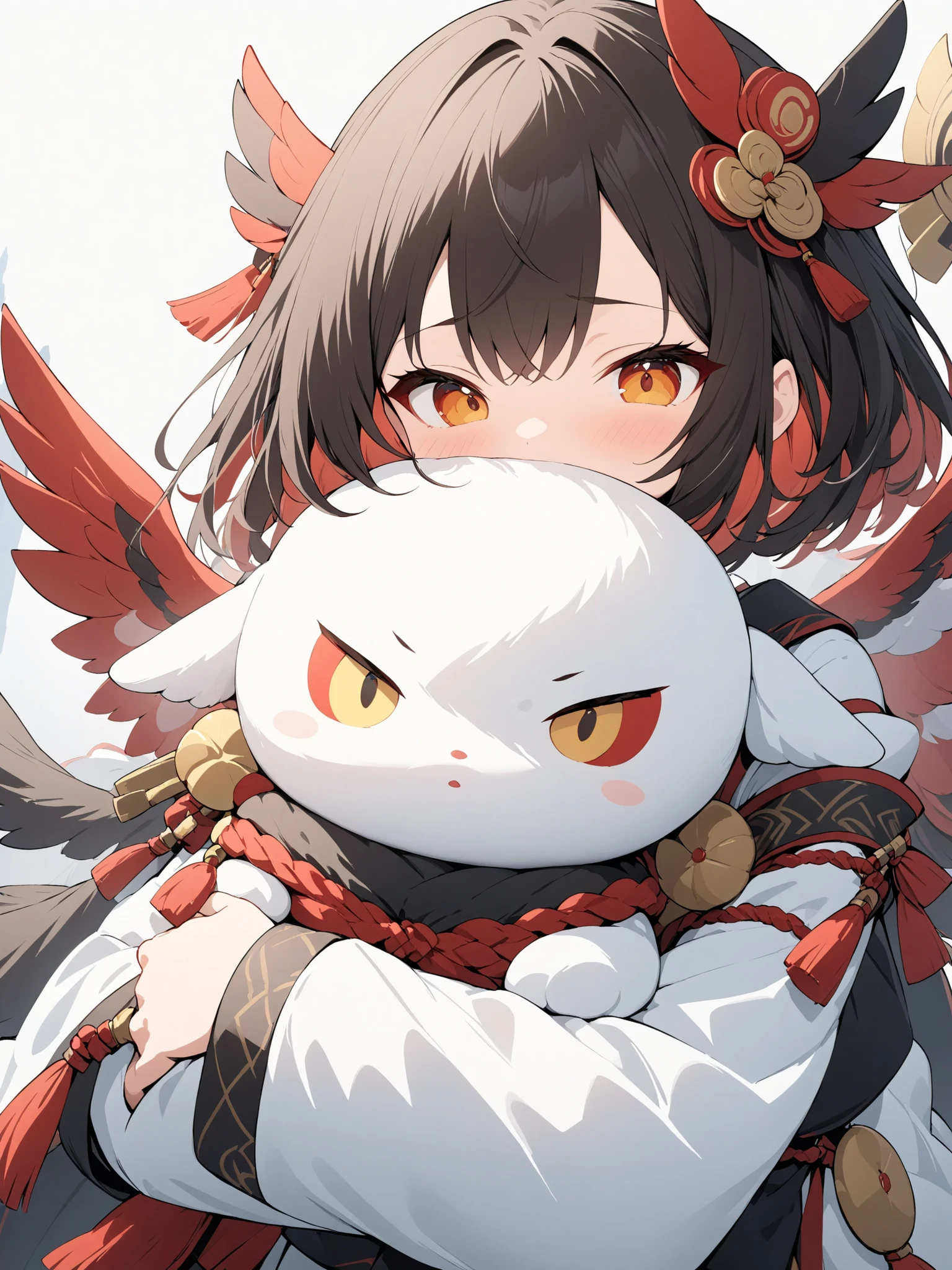 (Tengu_girl:1.2)、(masterpiece:1.2),high quality of wavy lines、very breathtaking、beautiful details、best image quality、((Three-dimensional works)),Hug a white plush character