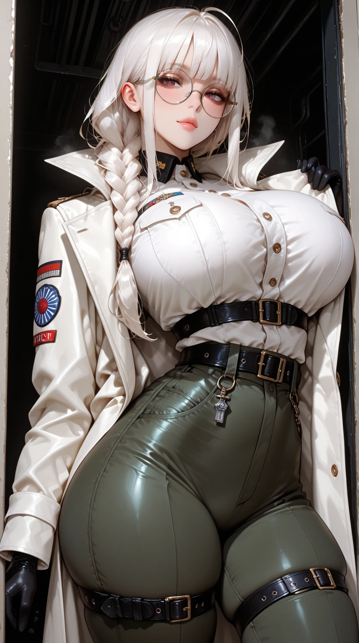 Beautiful breasts, 1girl, ((white hair)) ((Wolf-Girl)) green eyes, with full breasts and perfect waist, and a voluptuous body, leather jacket clothes under the jacket, beautiful short skirt, has a bold look , cute, calm expression, chains around the neck, in the forest, porch of an old wooden house, small stream, (best quality, ultra-detailed, photorealistic: 1.39), cute girl, Face of naughty 31 year old teenager, bright and vibrant colors, studio lighting, romantic expression,