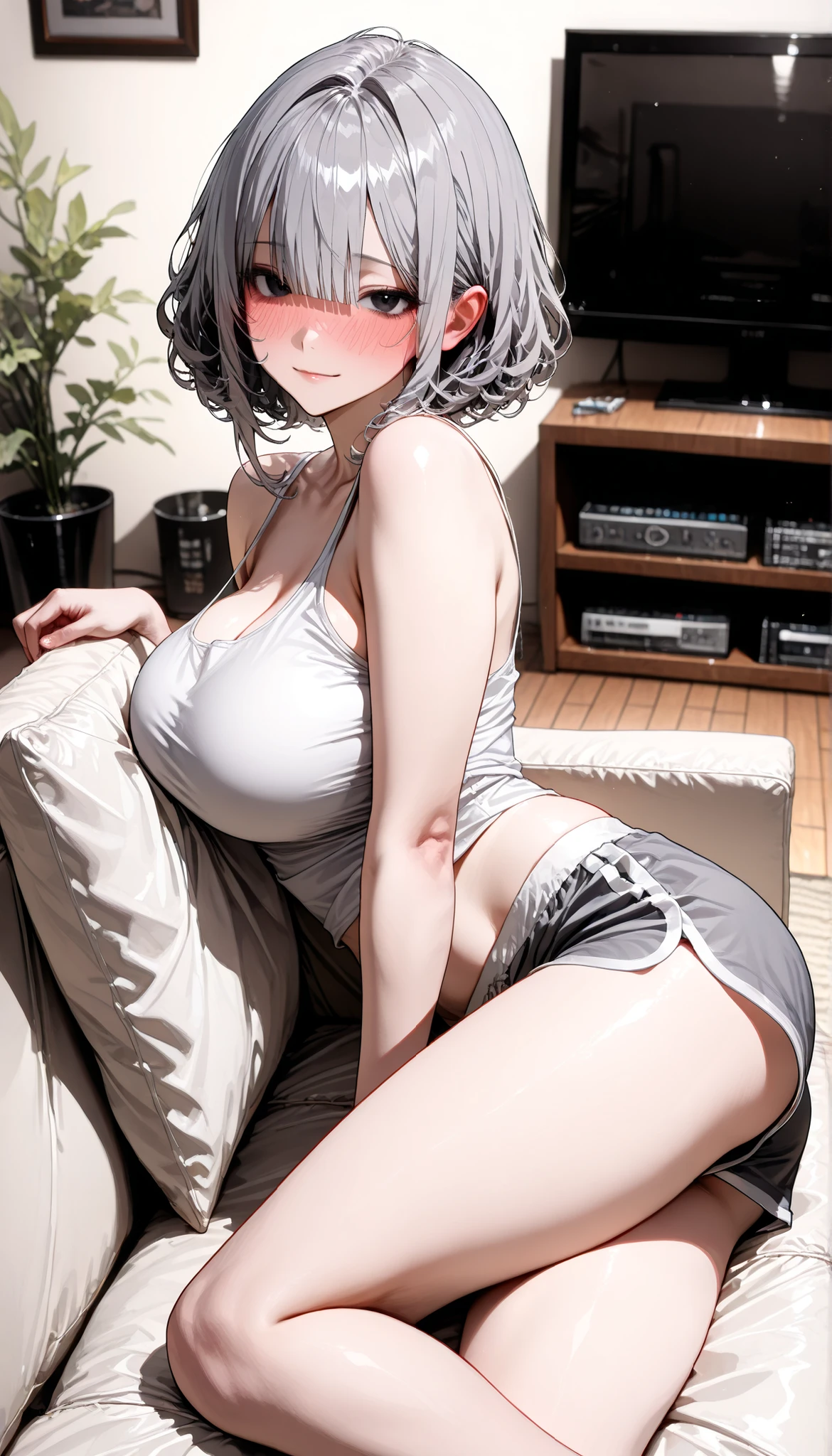High resolution, Highest quality, super high quality, Ultra-detailed, Cinematic lighting、(Open your thighs:1.5)、(squat:1.5)、One woman 、(Completely naked:1.5)、Bobcut、White Hair、Blue eyes、Beautiful Skin、Beautiful Face、Embarrassing、Beautiful Eyes、Sweaty、Sweat、Butt、完璧なButt、