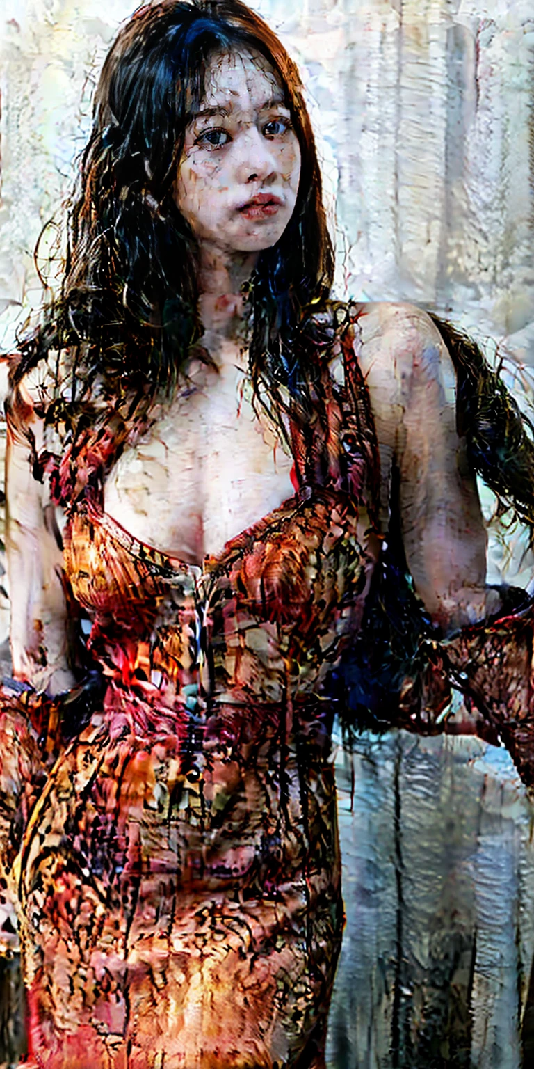 Gorgeous 19 year old girl, Muscular arms, Workwear without a shirt, No shirt, looking at the camera in, Graffiti on old brick walls, (almost no clothes:1.9), hyper photorealism, full bloom, hyper HD, Best quality, A high resolution, High details, 8K --auto