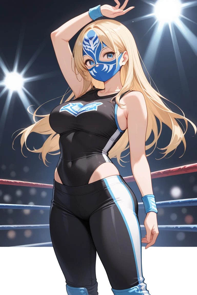 Hair:
Mika has long, blonde hair that she wears in two high ponytails, each secured with blue hair ties. Her ponytails are often depicted as voluminous and flowing.
Face and Eyes:
She has bright blue eyes and a cheerful, expressive face, often with a confident and enthusiastic smile.
Mika's overall facial features are soft, complementing her energetic personality.
Clothing:
Mika's wrestling outfit is a flashy and revealing leotard. The leotard is predominantly blue with white accents and a yellow star motif, reflecting her colorful and vibrant persona.
The leotard has a high-cut design, exposing her legs and emphasizing her athletic build.
She also wears matching blue and white arm guards and thigh-high boots, both of which have yellow star accents.
Accessories and Footwear:
Mika wears a blue mask with white accents around her eyes, which enhances her wrestling persona and adds to her theatrical appearance in the ring.
Her boots are sturdy and designed for wrestling, matching the color scheme of her outfit.
Body and Build:
Mika has a strong, athletic build, showcasing her prowess as a professional wrestler. Her physique is muscular yet feminine, highlighting her strength and agility.
