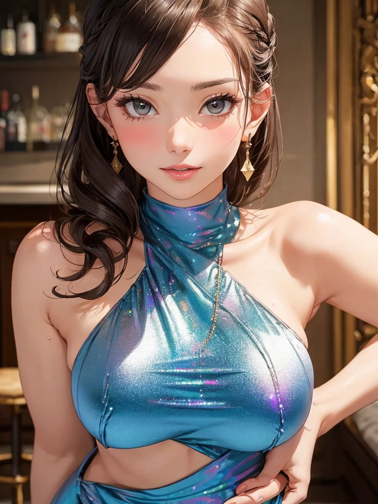 "(best quality,highres,realistic:1.2),sexy woman,sequin dress,sleeveless,cleavage,modern,stylish,futuristic,ultra-detailed,party atmosphere,vivid colors,dynamic lighting"