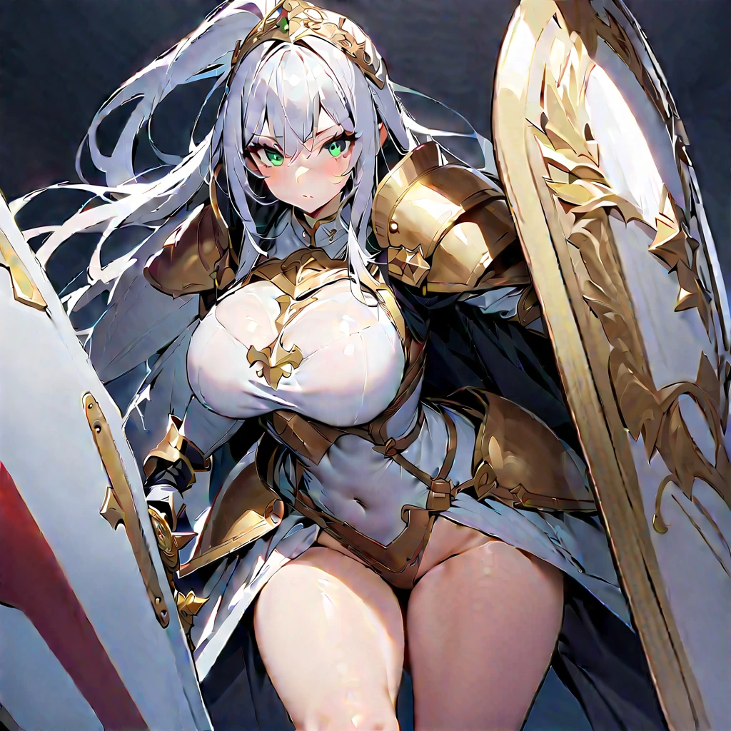 masterpiece,best quality, knight, long hair, silver hair, green eyes,((1girl)), (white_armor), golden ornaments, sword, shield, ((holding sword)), ((big breasts)), exposed belly, 1girl, cleavage, legs exposed, ((shield-over_arm)), ((Perfect face)), (white background:1.5),add_detail:1, add_detail:0, add_detail:0.5
