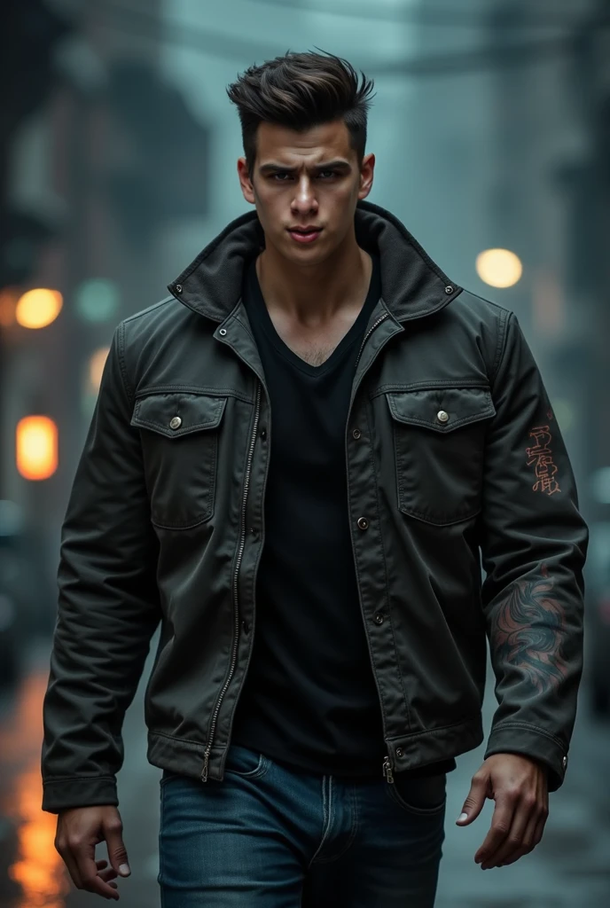 a rustic boy, 25 years old, shaved head, lightbrown eyes, male pose standing in a dark alley, mysterious lighting, Muscular Physique, looking at the camera, anger, jaket