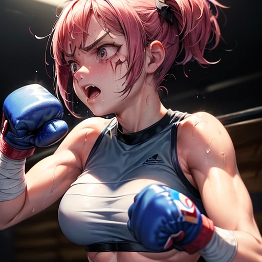 muay thai, fotografia de close-up, jovem mulher cyberpunk confiante com cabelos loiros em um coque, usando um capuz com desenhos vermelhos e azuis, on a rain-soaked street at night, fotorrealista, Cinematic lighting,