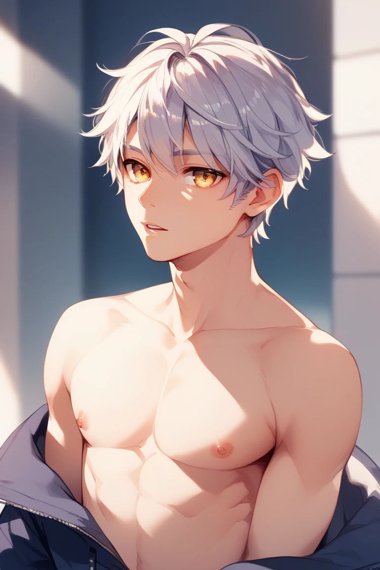 (close up face) (16 yo, solo crew cut silver hair very short hair divine sword fighter boy, detailed cool red eyes, serious face, flat chest), (in a japanese loincloth, fundoshi:1.4), break, (in the simple bedroom, background Through the window, out side A cluster of hydrangeas), BREAK, perfect anatomy, masterpiece, best quality, 16k, beautiful detailed grow, daydreaming expression.