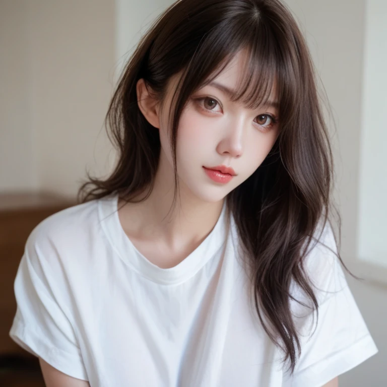 1 girl, wearing white t shirt, her hand in her hair, lewd