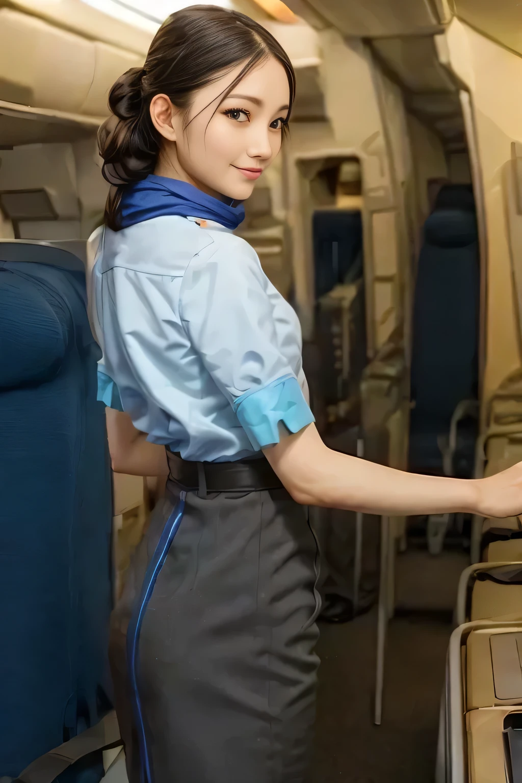 (masterpiece:1.2, best quality:1.2), 32kHDR, high image quality 。 perfect for loosely aligning your legs , (alone、 1 girl)、( daytime building rooftop 、 professional lighting )、 against the roof of a building 、(ANA Flight Attendant Uniform Blue Wear 、real style )、(( ANA flight attendant uniform 、 ANA cabin crew uniform blue skirt 、 Has a Blue Line on the Back 、 wrap a scarf around your neck ))、 lots of dark brown hair 、( long hair、 hair tied、 hair tied, braid summary hair )、 lots of dark brown hair 、 long hit 、Big Breasts、thin legs、(( amazing hand :2.0)),(( 。 figure in harmony with the roof of the building 。 :1.5)),((generally limb:2.0)),((generally :2.0)),(( watch:2.0)),((generally goal :2.0)))、 smile 、( beautiful back visible ANA cabin crew uniform blue )、 cross hands under the body