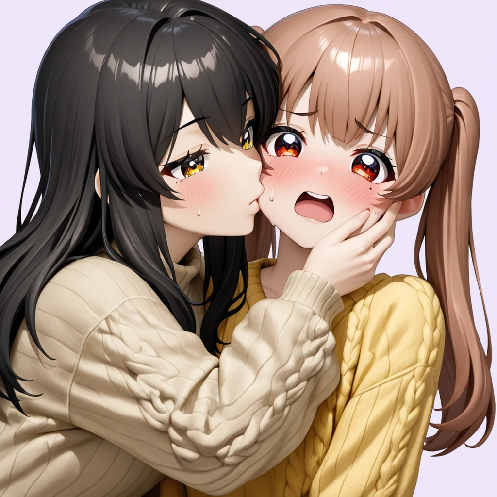 ((Masterpiece)), (High Definition:1.3), cinematic lighting, 2girl, (tongue licking), cat ears, cute lips(super detail), saliva dripping, very blush, ((girl on the right open her eyes wide)), girl on the left close her eyes