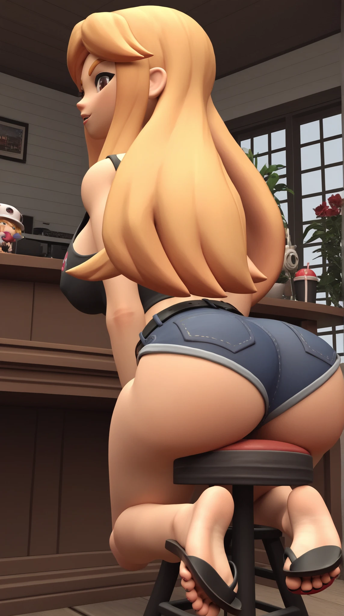 classic_nia, ,  female, bikini slipping up her butt crack and pussy, very plump, very large butt, from behind showing camel toe, 