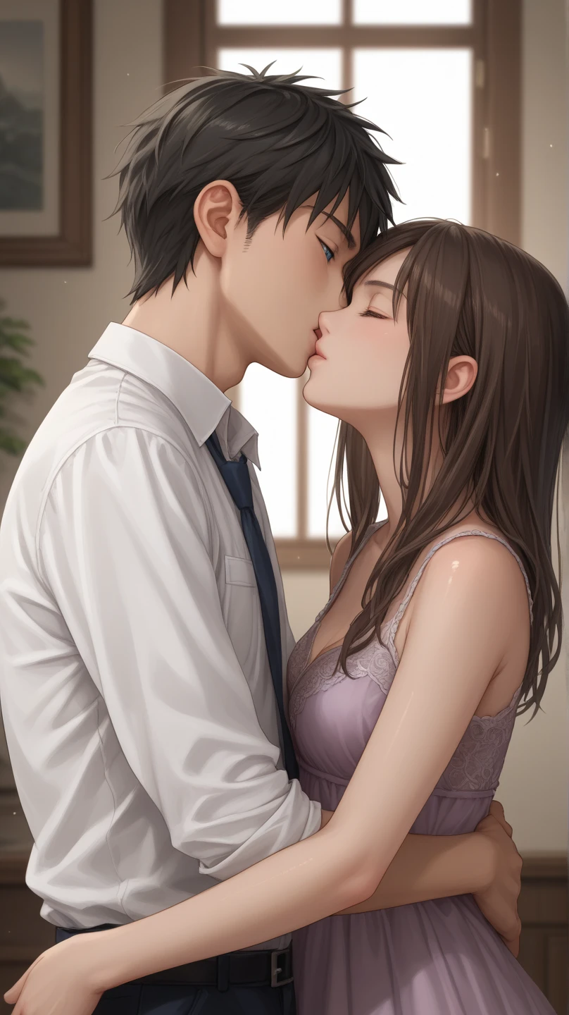 detailed illustration, dynamic angle, ultra-detailed, illustration, 1girl, 1boy, kissing, kiss, bedroom, , plaid skirt, white shirt, blue pants, arms pinned above her head, black hair, long black hair, evening, against the wall, girl pinned, girl against wall, girl's arms up, arms pinned against wall, boy holding girl's wrist, leg up