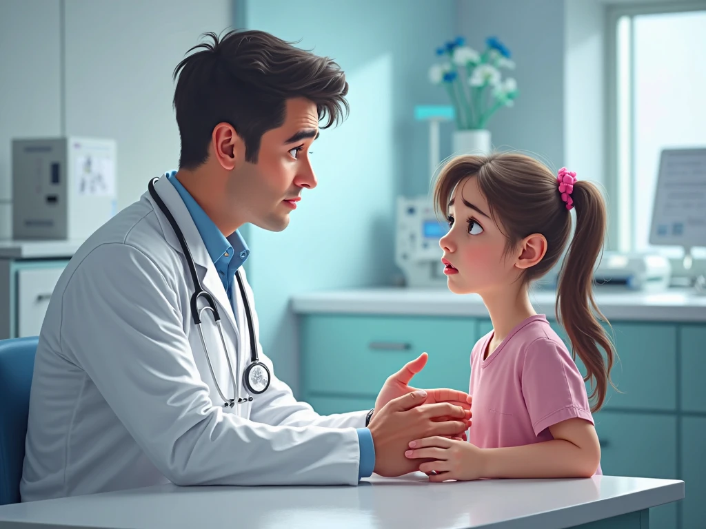 The doctor was checking up on the girl. Sitting on a chair in the hospital room.