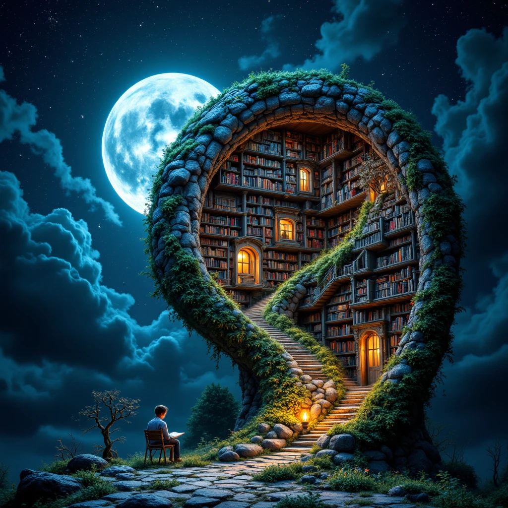 The Number 8: A library made of the moon, Mid shot enchanted library hidden within the moon, creative Masterpiece by Patrick Woodroffe and Alexander Jansson and Martin Stranka; a magnificent surreal library scene. a ladder to a full moon made entirely of books. A boy sits on a chair reading a book by a candle. The edge of the moon is decorated with twisted ancient bonsai with victorian cottages and glitter. A surreal fantasy storybook scene. starry sky Epic moon Enchanting mystical starry night Van Gogh