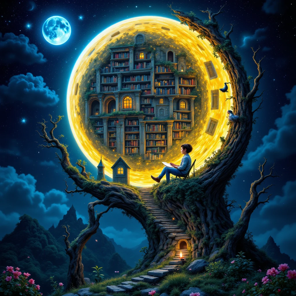 The Number 8: A library made of the moon, Mid shot enchanted library hidden within the moon, creative Masterpiece by Patrick Woodroffe and Alexander Jansson and Martin Stranka; a magnificent surreal library scene. a ladder to a full moon made entirely of books. A boy sits on a chair reading a book by a candle. The edge of the moon is decorated with twisted ancient bonsai with victorian cottages and glitter. A surreal fantasy storybook scene. starry sky Epic moon Enchanting mystical starry night Van Gogh