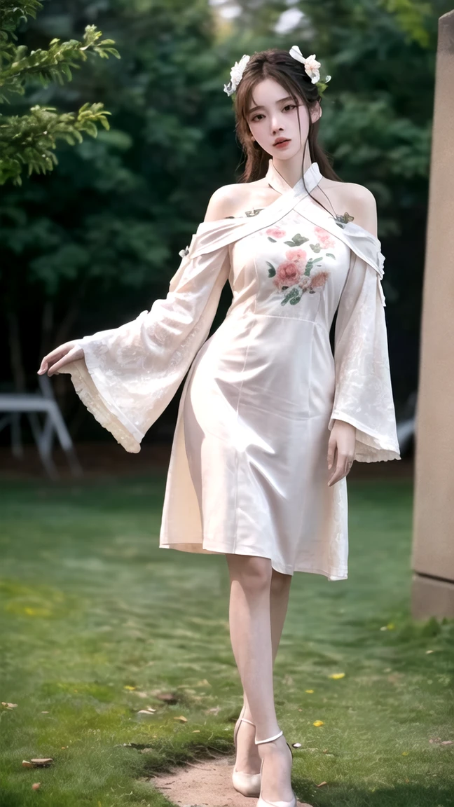 ((Masterpiece, best quality,edgQuality)), smug,smirk, edgADC_fashion, long dress, autumn leaves print,sandals,off shoulder turtleneck ,wearing edgADC