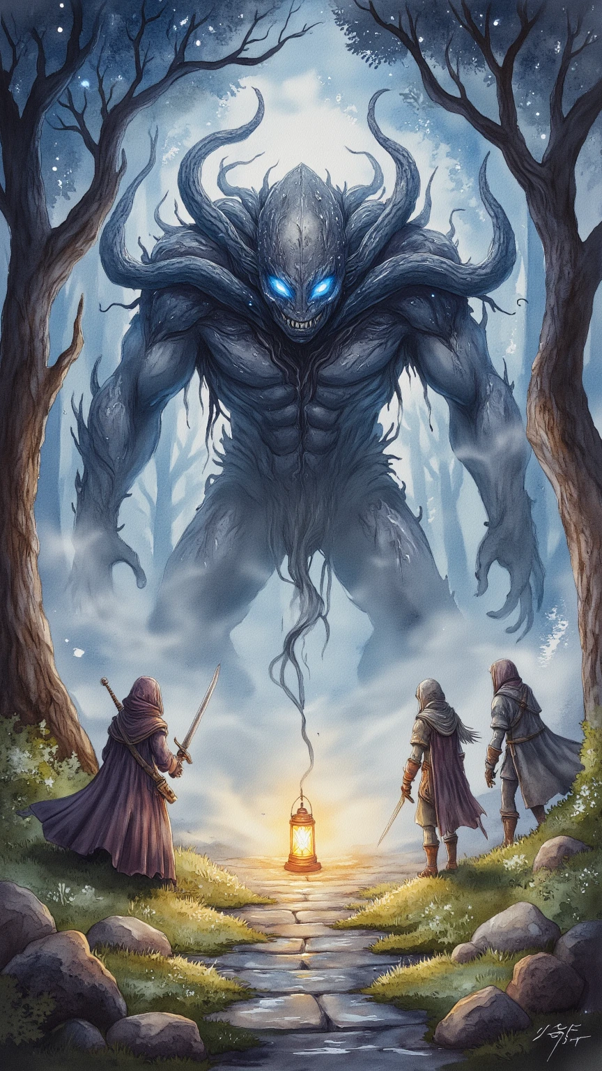 A young man is lying on a hill in the forest with his arms spread out, the young man is wearing a long cloak and a hat on his head.
Above him stood a terrible jinn, the jinn had a stick in his hand.
Jinn's skin color is blue, fire is coming out of his eyes.
He had big eyes, body touching the sky.
The jinn looked at the young man and spoke.