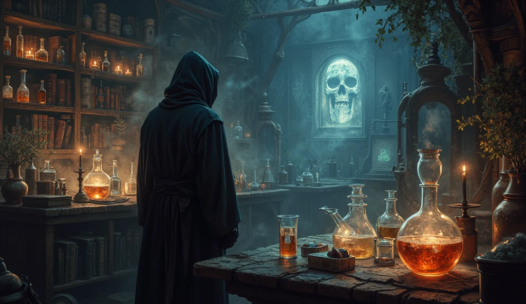 This picture presents a mysterious and eerie scene。The protagonist in the painting is a skeleton wearing a black cloak,It sits at a table,Holding a lit candle,Smoke all around。Skull head wearing a pair of glasses,Adds a touch of intellectual temperament to the whole image。
first,From the details,The image of the skull is very detailed.,From the outline of the bones to the texture of the cape, everything is clearly visible。The candle flame flickers in the darkness,Adds a touch of warmth to the whole scene。Smoke filled the air,Makes the whole picture more hazy and mysterious。
Secondly,From the perspective of color and light and shadow processing,The image uses dark tones,Highlights the mysterious and eerie atmosphere。The flame and candle light become the focus of the picture,Contrasts with other dark tones。This contrast makes the picture more layered.,At the same time, the visual effects are also enhanced。
at last,Judging from the atmosphere of the whole scene,This picture gives people a mysterious and weird feeling。The image of the skull and the surrounding atmosphere are full of unknown and mysterious feelings.,It makes people want to explore the secrets。at the same time,This atmosphere also brings people a tense and fearful emotional experience.。
In summary,This picture is carefully depicted、Unique color and light and shadow processing as well as the creation of a mysterious and strange atmosphere,Successfully conveys a mysterious and eerie feeling。