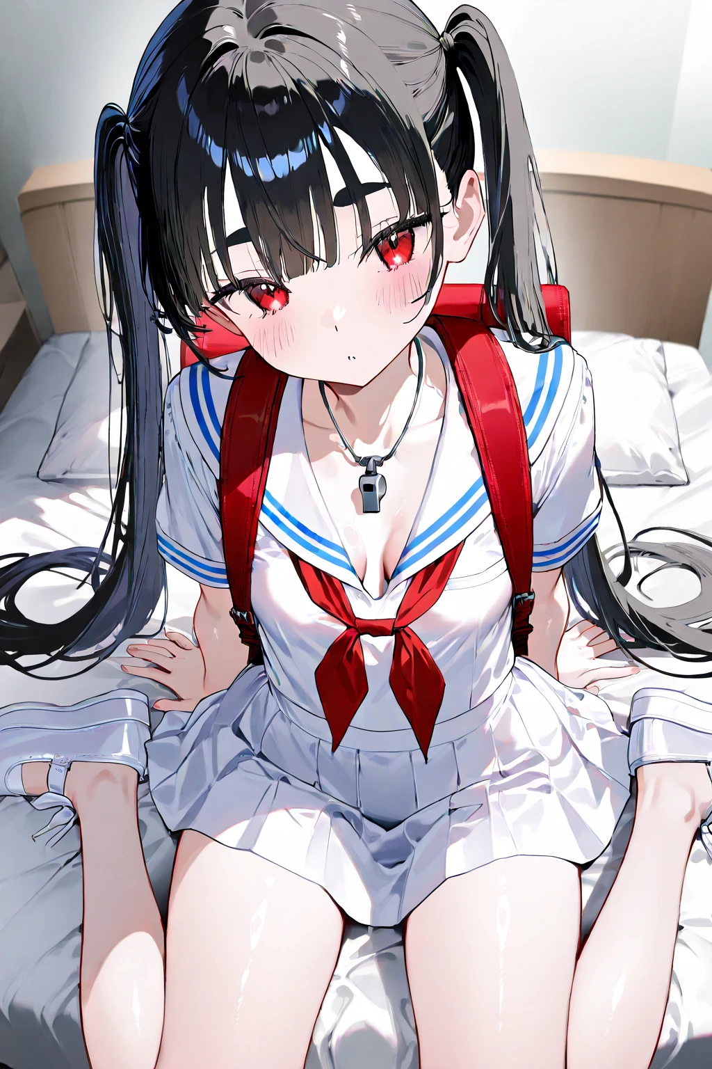 hair between eye, Hair Ribbon, Long hair, Brown hair, two side up, School uniform, Shirt, Short sleeves, Skirt, thighs thighs thighs thighs, White shirt, White skirt,BREAK looking at viewer,Romper (masutepiece:1.2), Best Quality, High resolution, (Beautiful illustration:0.8), (Beautiful detailed eyes:1.6), extra detailed face, Perfect Lighting, (Perfect hands, Perfect Anatomy),(white panties:1.3), (Silky white panties visible through the skirt), (Thigh gap, Thigh Focus:1.3), (Looking to the future:1.3), (lower body shot, View from below, View from the front:1.5), very low - angle,、red blush,Surprised,embarrassed from,