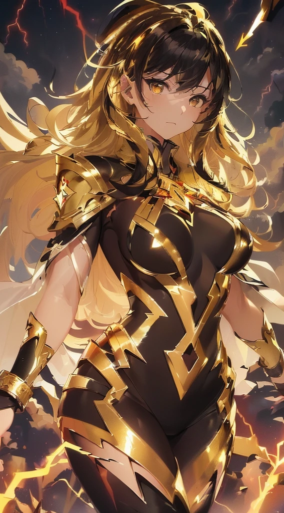 top-quality、Top image quality、masterpiece、girl with((18year old、Best Bust、big bast、Bust 85,beautiful golden eyes、Breasts wide open,Blonde long hair、A slender、Large valleys、Black and gold dress、Goldcloak,Reflecting the whole body、Open your arms、Gold ring on wrist、Shoot lightning from your hands、Leaning forward))hiquality、Beautiful Art、Background with((nigh sky、black clouds、lightning bolt、Intense thunder、Thunderbolt、Red thunder、Blue lightning strike、Gold Thunder)))masutepiece、visualart、depth of fields、sky at night