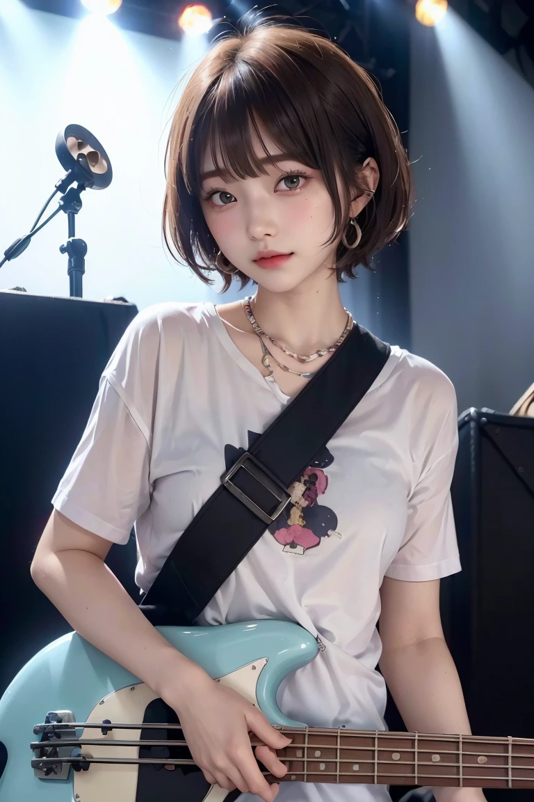 Best Quality, masutepiece, (Photorealistic:2), Ultra High Resolution, Highly detailed, A hyper-realistic, 1girl in, ((Red headphones)), (Longer dress), Floral pattern, colourfull_hair、(((very_Short_hair))), Short hair, Slim body, Full Shot, Looking at Viewer, ((Music Studio)), Bright atmosphere, spot light, Detailed background