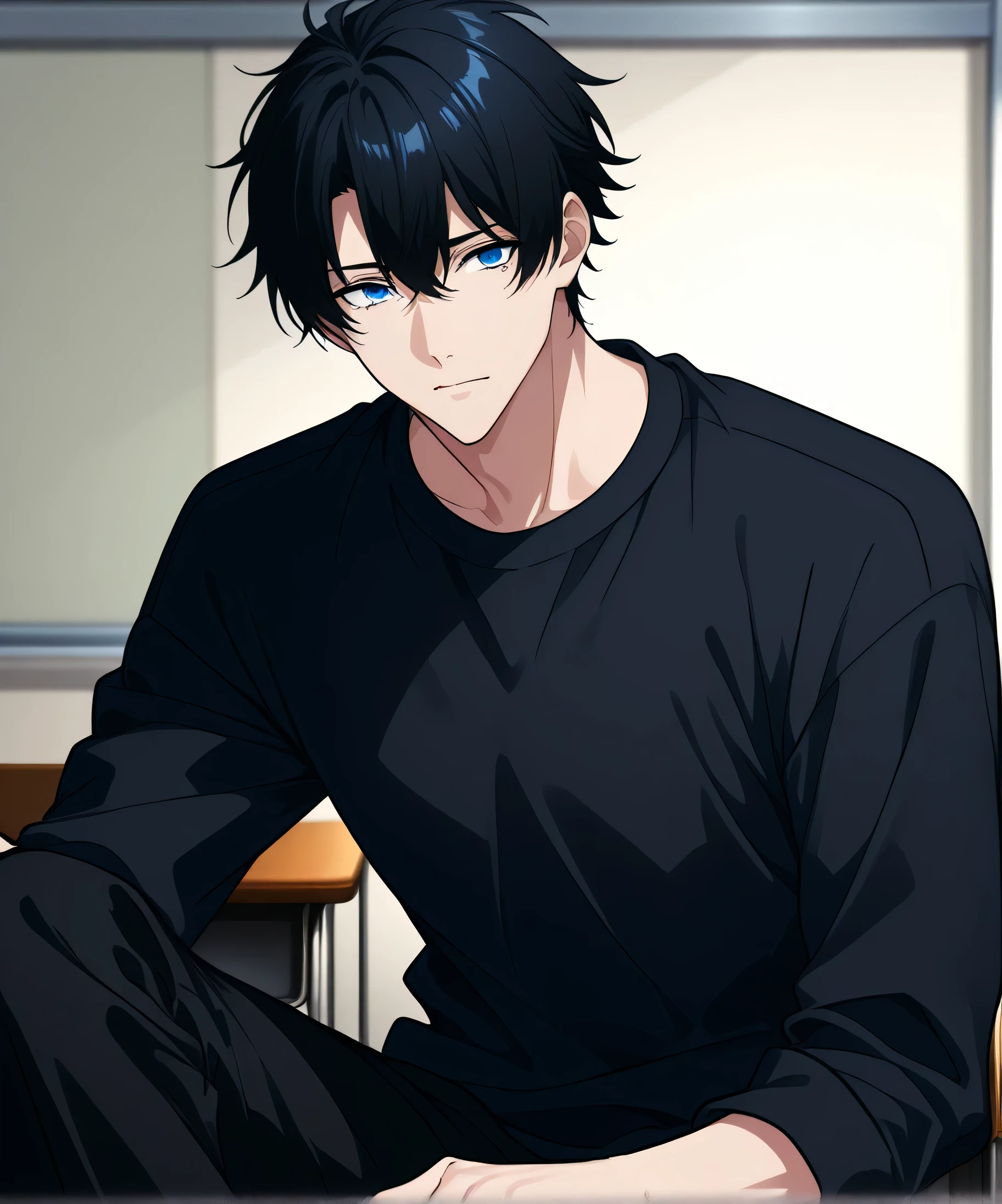 2次元character、dark black hair、short hair、blue eye、black shirt、black pants、facemain、イケメン、美形、modelBody、体格が良い、無表情、cool、background=school room、school background、大人っぽい、Boy、student、man、学生服風